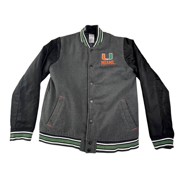 Miami Hurricanes Varsity Jacket Womens Large Gen2 Gray Black Quilted Snap Button - Picture 1 of 11